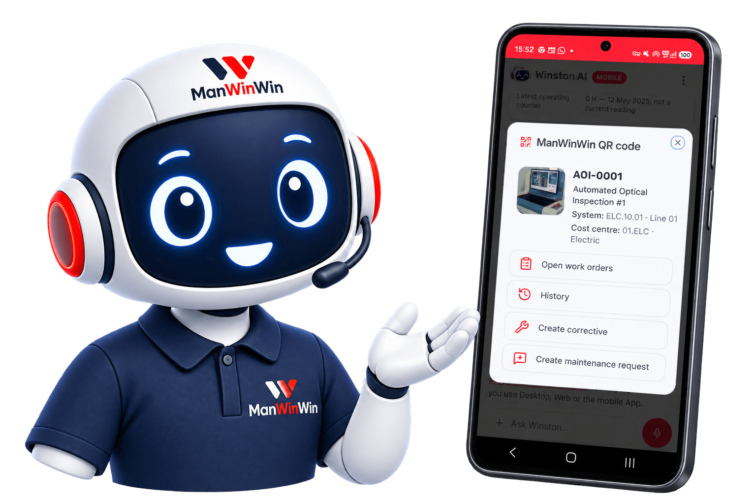 Winston بجانب هاتف يعرض رمز ManWinWin QR ممسوح ضوئيًا